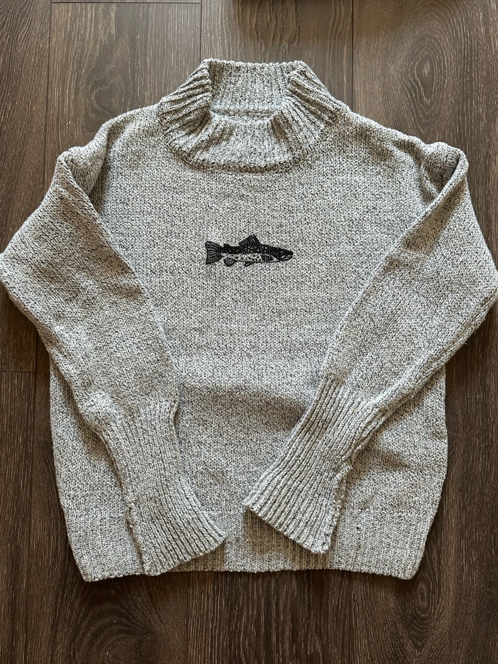 Women’s Gray Turtleneck Sweater with handmade Fish graphic